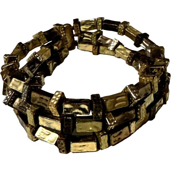 Chicos Brutalist Tile Bead Bracelet Rectangle Gold Tone Multi Strand Modernist - Picture 2 of 5
